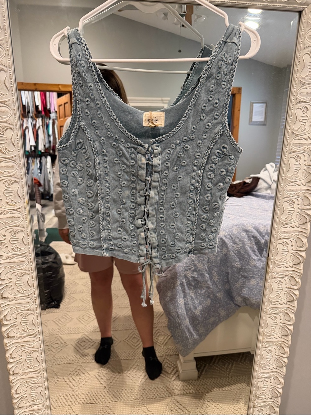 Textured Lace-Up Crop Tank Top - Light Blue